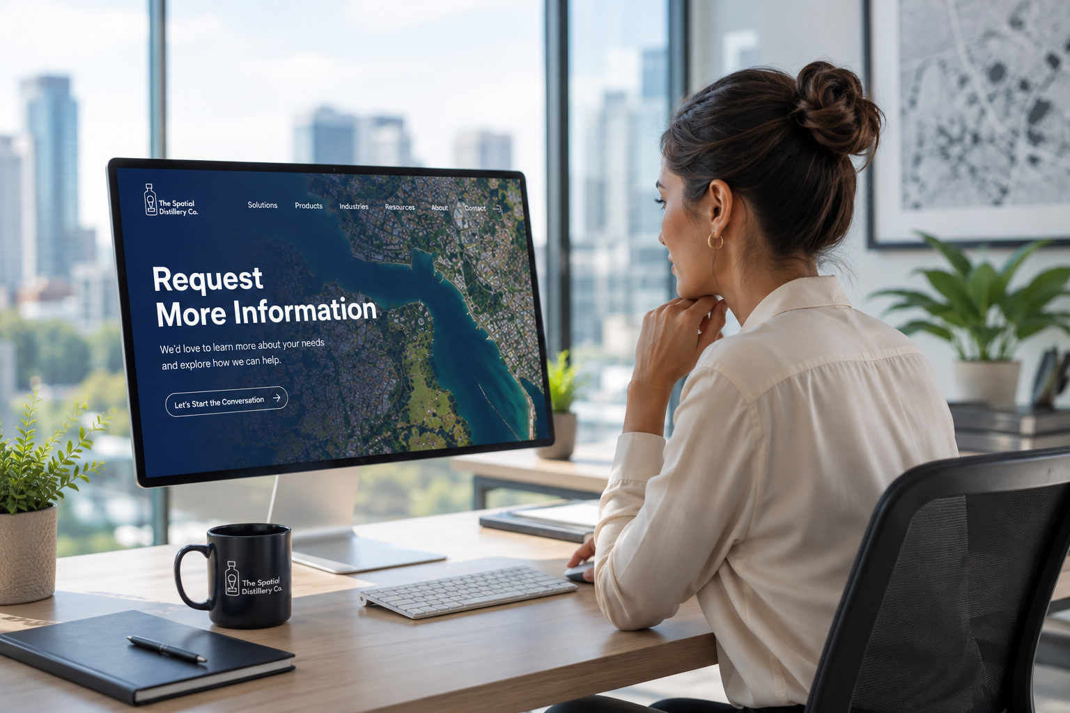 A woman sitting at a desk in an office, looking at a computer monitor displaying a website with the text 'Request More Information' and a map background.