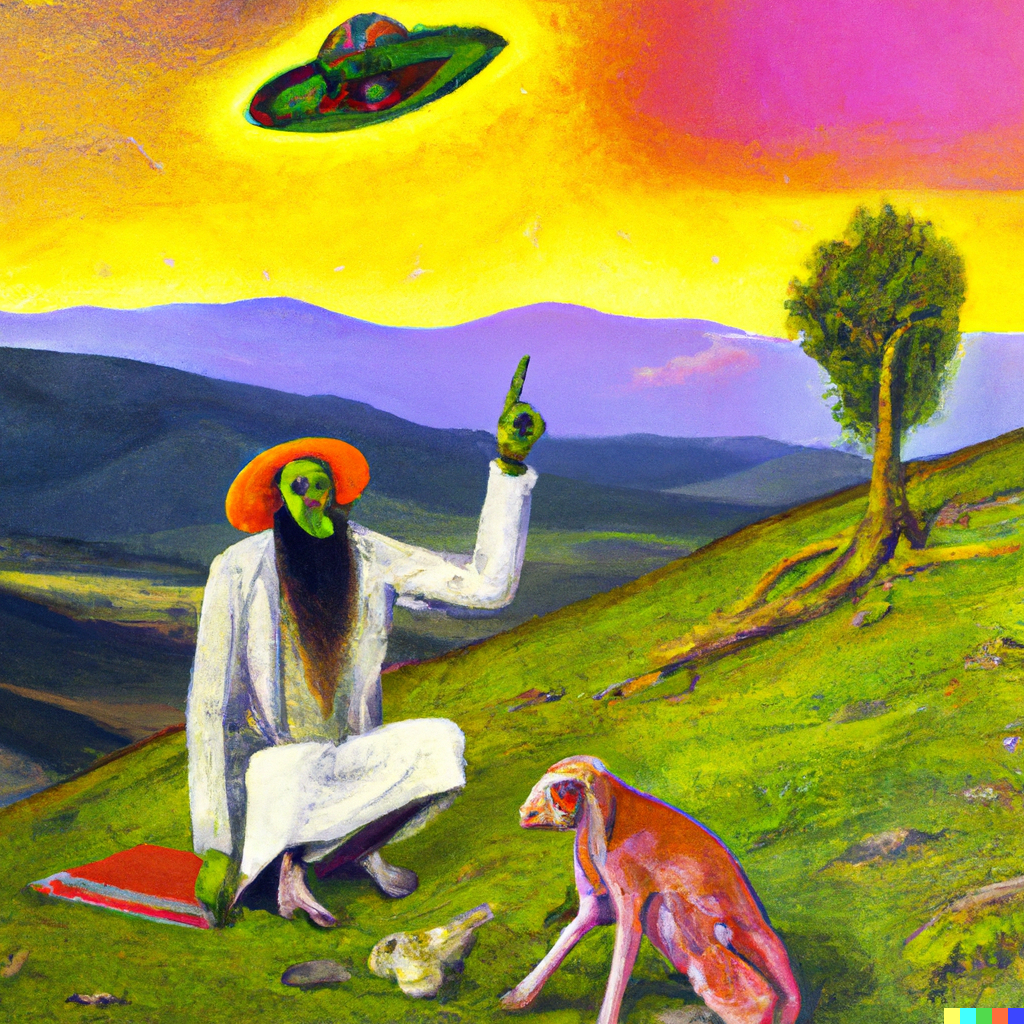DALL·E 2023-03-02 20.24.30 - sadhu performing a miracle with an ufo alien in the distant background fauvism in middle of romanticism landscape painting with surrealism .png