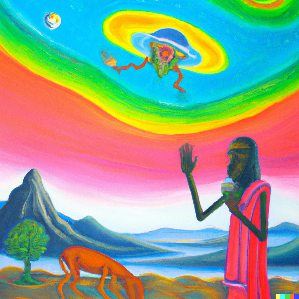 DALL·E 2023-03-02 20.21.26 - sadhu performing a miracle with an ufo alien in the distant background fauvism in middle of romanticism landscape painting .png