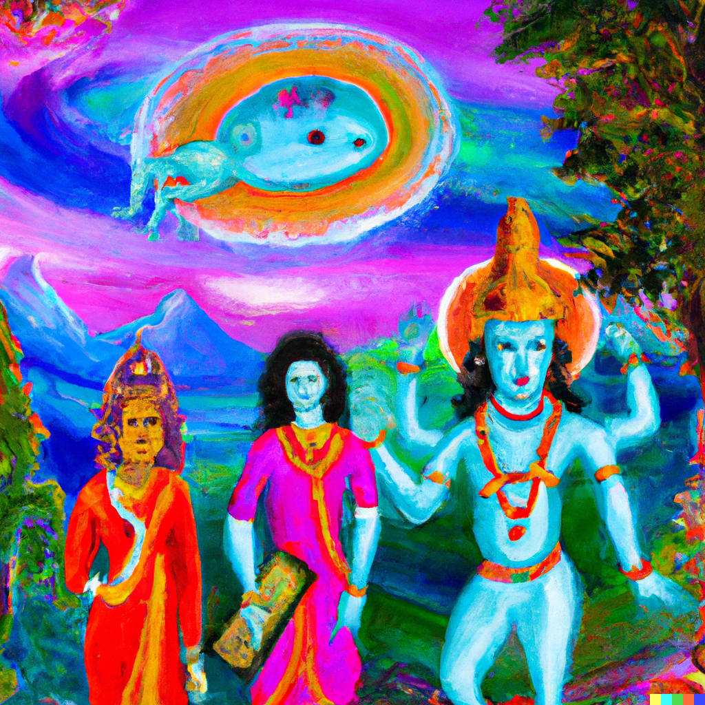 DALL·E 2023-03-02 20.16.53 - hindu deities with ufo alien in the background fauvism in middle of romanticism landscape painting.png