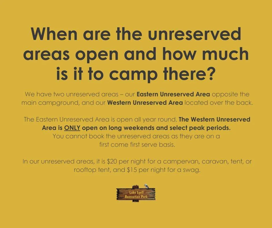 When are the unreserved areas open and how much is it to camp there?

We have two unreserved areas &ndash; our Eastern Unreserved Area opposite the main campground at the end of Lockyer&rsquo;s Line, and our Western Unreserved Area located over the b