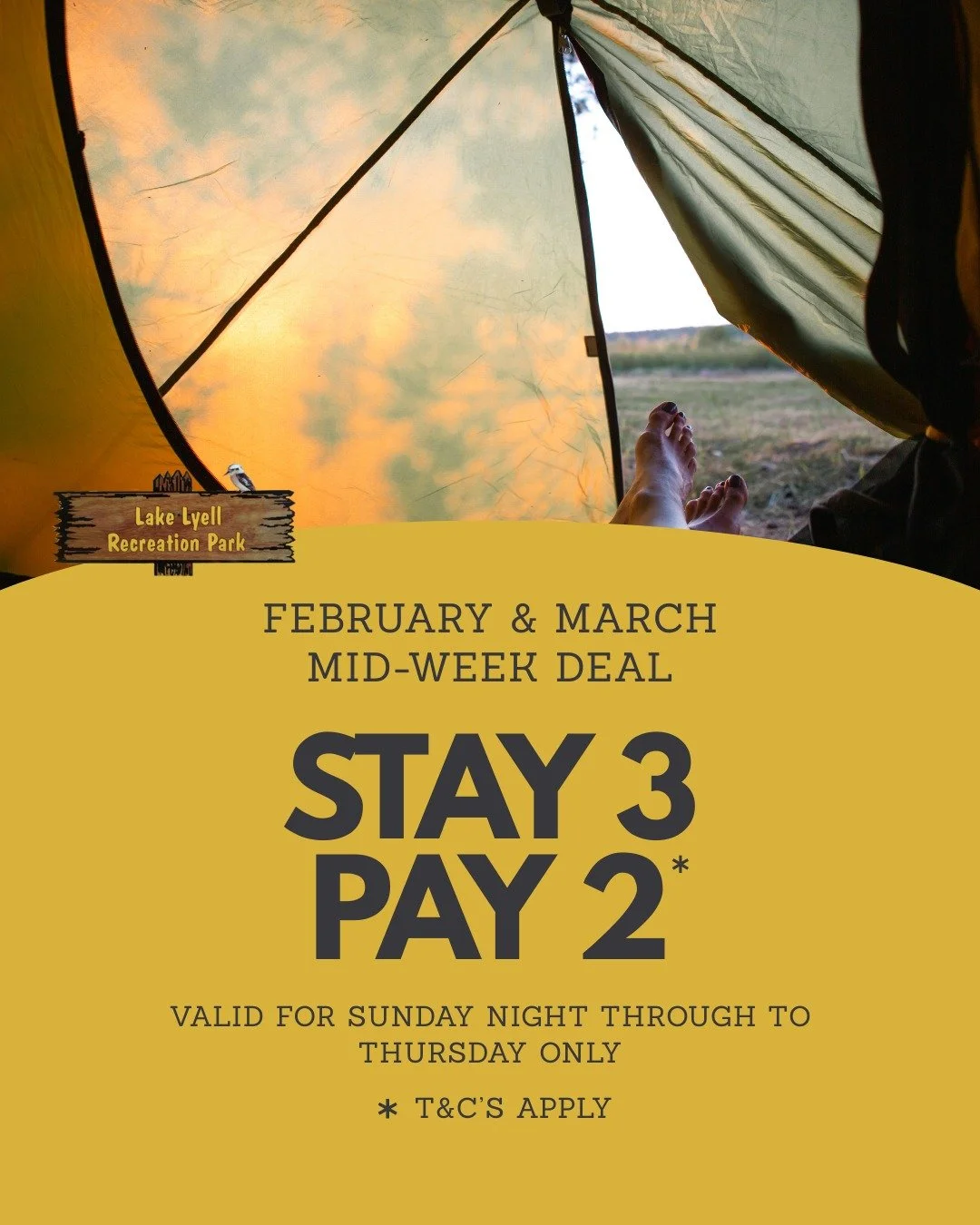 🎉 Midweek just got better!

Escape the crowds and enjoy three peaceful nights by the lake &mdash; while only paying for two! 🌿

Whether it&rsquo;s fishing at sunrise, a quiet cup of coffee by the water, or a midweek reset in nature, your perfect es