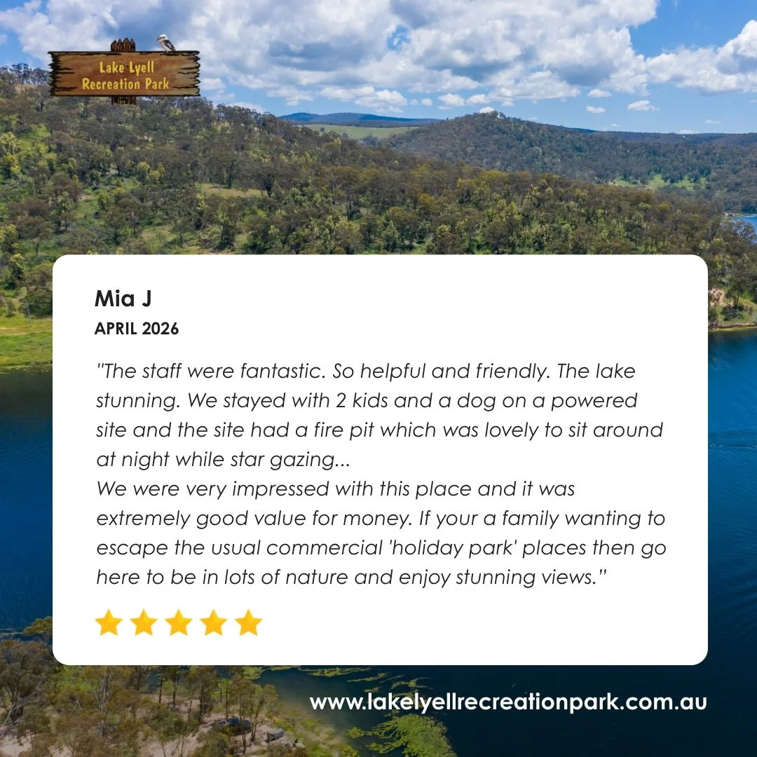 A big thank you to Mia J for leaving such a beautiful review via Google. We&rsquo;re so happy to hear that you enjoyed yourselves and that Lake Lyell Recreation Park was exactly what you were looking for. Thank you for your five star review and makin