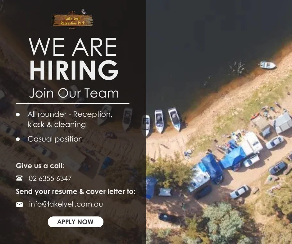 WE ARE HIRING - JOB OPPORTUNITY

Casual receptionist, kiosk attendant, and cleaner at Lake Lyell Recreation Park, Lithgow NSW

Join Our Team at Lake Lyell Recreation Park!

Are you looking for a rewarding casual opportunity amidst the beauty of natur