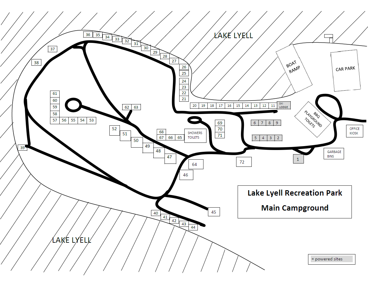 A black and white map of the Main Campground at Lake Lyell Recreation Park