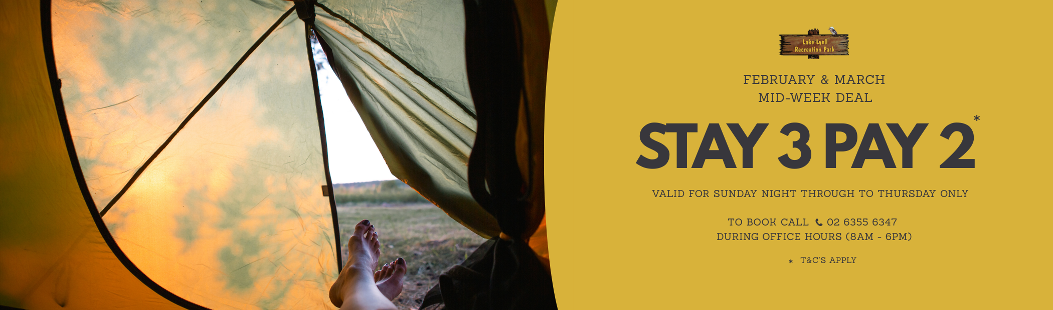 A Stay 3 Pay 2 mid week deal banner shows a sunrise view and a persons feet relaxed at the entry of a yellow tent.