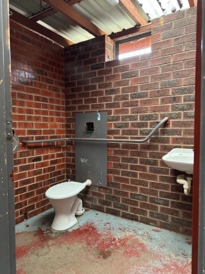 A white toilet and white wall mounted basin against red brick walls and a red and blue painted floor