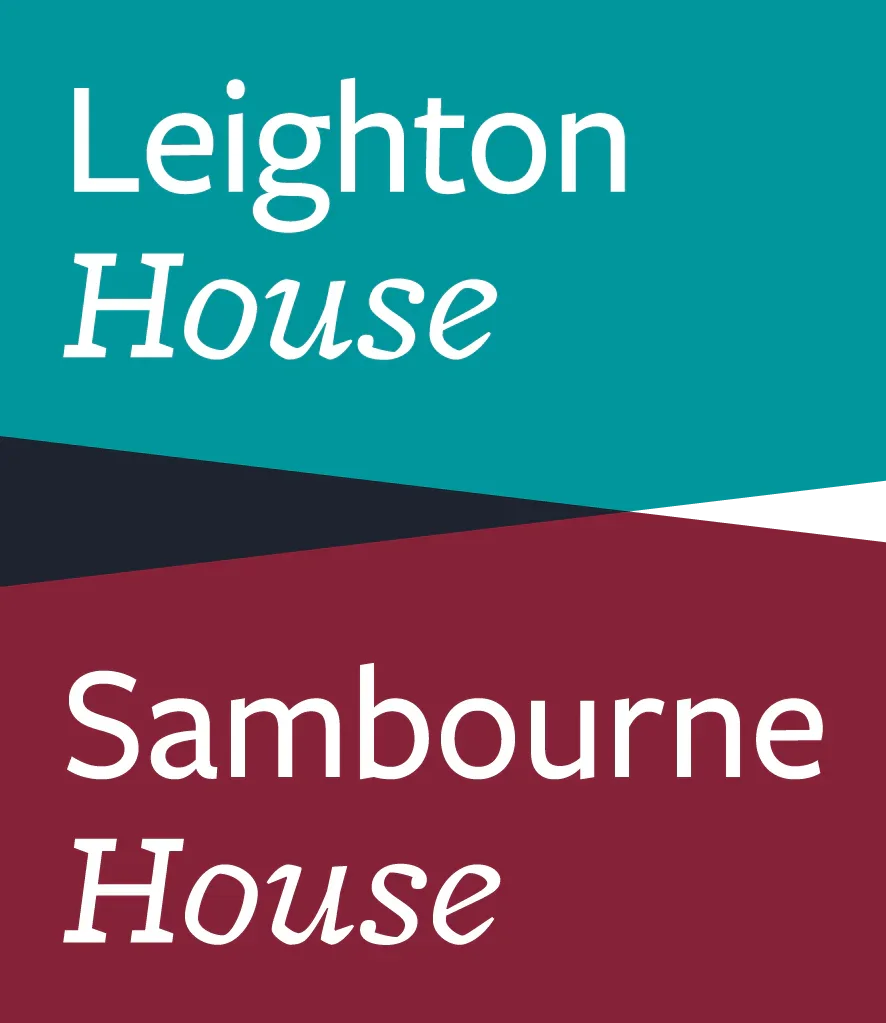 Logo "Leighton House" and "Sambourne House" in white text on a teal and burgundy background.