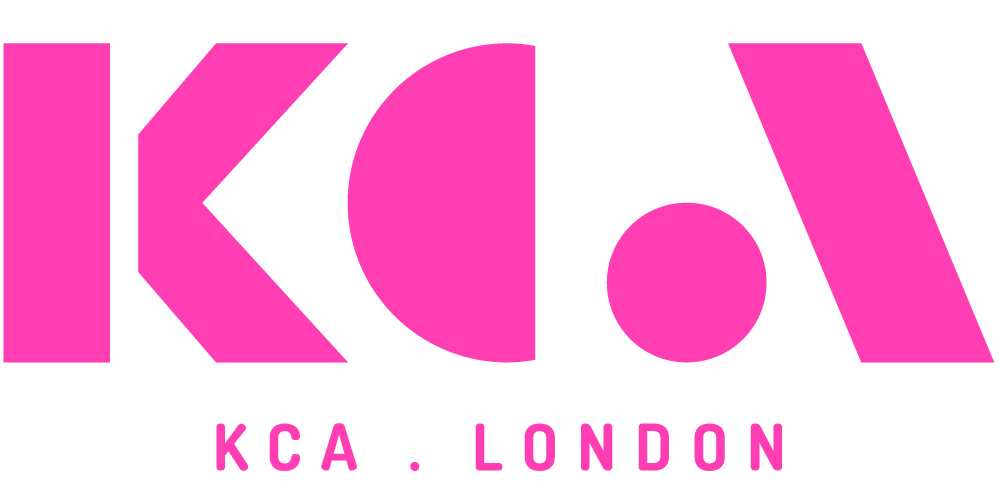 Pink logo with the word 'KCA' and 'LONDON' underneath.