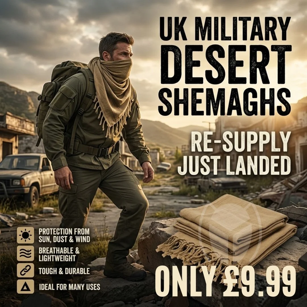 🚨 BACK IN STOCK! 🚨
Our Genuine Issue British Forces Sand Shemaghs have just landed, and they are now on sale for only &pound;9.99! 🔥

Originally worn by the SAS and LRDG behind enemy lines, this is the ultimate versatile survival scarf. Made from 