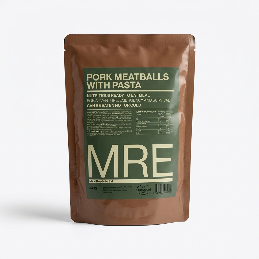 Buy our Pork Meatballs with Pasta Ready to Eat Meal (MRE). A delicious, long-lasting survival food perfect for camping, hunting, and emergency prepping.