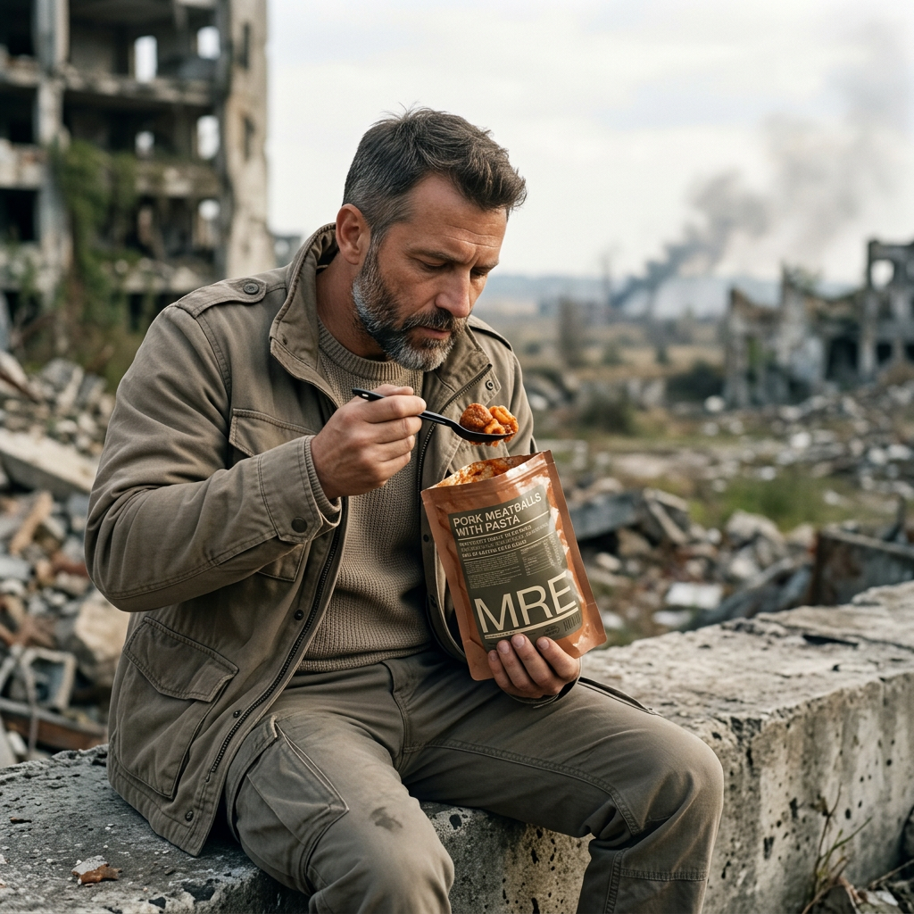 Buy our Pork Meatballs with Pasta Ready to Eat Meal (MRE). A delicious, long-lasting survival food perfect for camping, hunting, and emergency prepping.