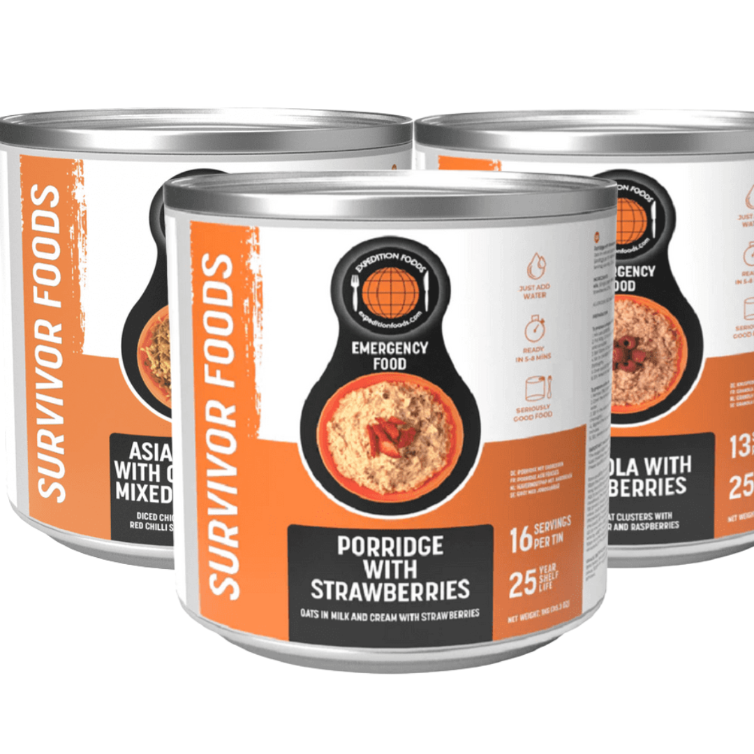 Expedition Survivor food range box of 3 tins