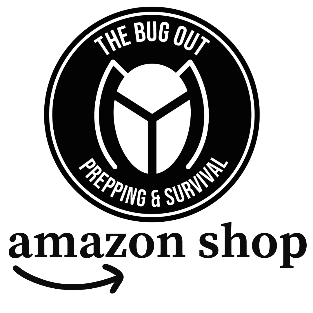 Black and white circular logo with a stylized insect face and the text 'The Bug Out Prepping & Survival' around the top and bottom. An arrow points to the words 'amazon shop' below the logo.