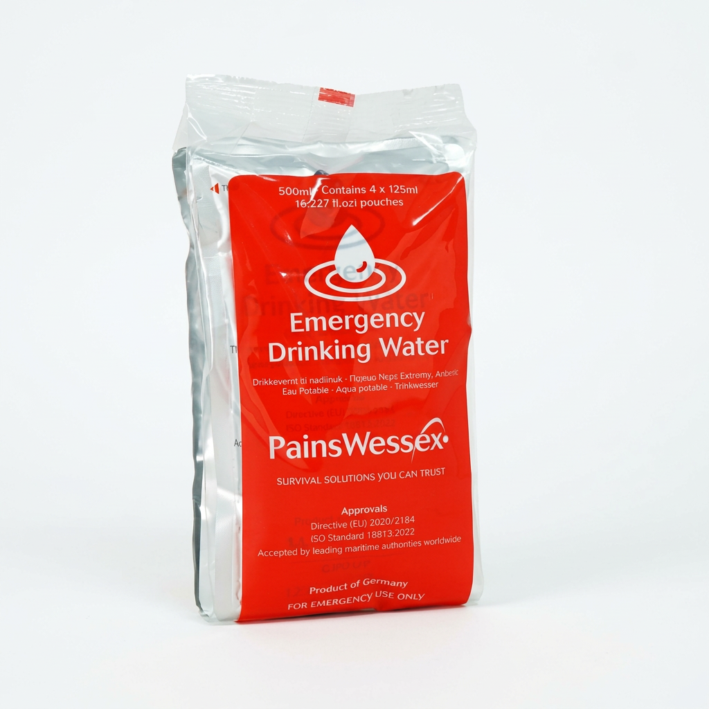 Buy PainsWessex Emergency Drinking Water 500ml for your survival kit. Features 4x125ml rugged sachets, a 5-year shelf life, and maritime approval. Shop now!