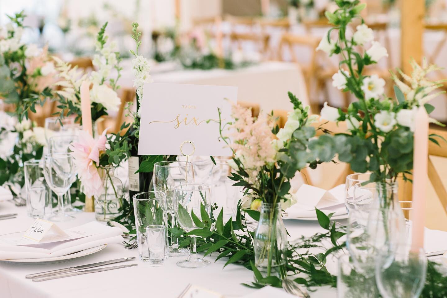 🌿Table centres🌿

A combination of bud vases and flowing foliage in a soft, romantic colour palette creating stunning table centres for a summer wedding. It&rsquo;s all in the details. We work closely with florists to bring to bring a vision to life