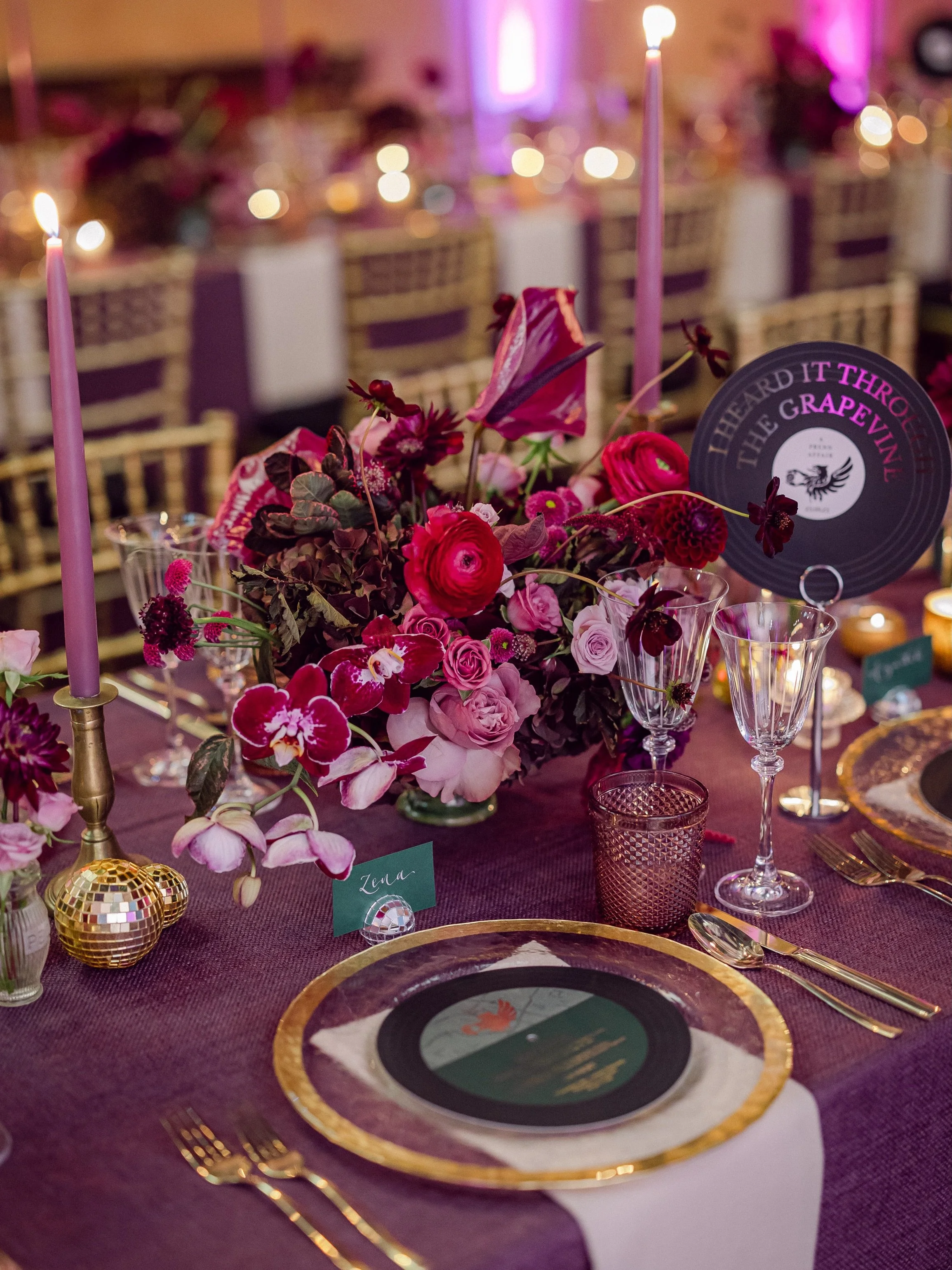 Disco details 🪩 

A night filled with soul and sparkle. Deep and rich florals, silver disco balls and record shaped stationery. The perfect setting for an unforgettable milestone birthday.

Planning @eventsbycamilla 
Venue @cowdrayhouse 
Catering @c