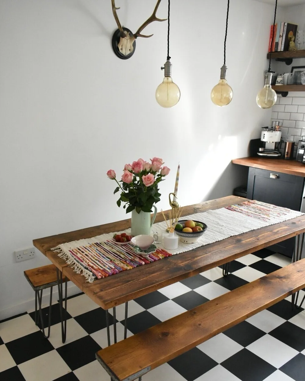 Hairpin wooden tables and benches