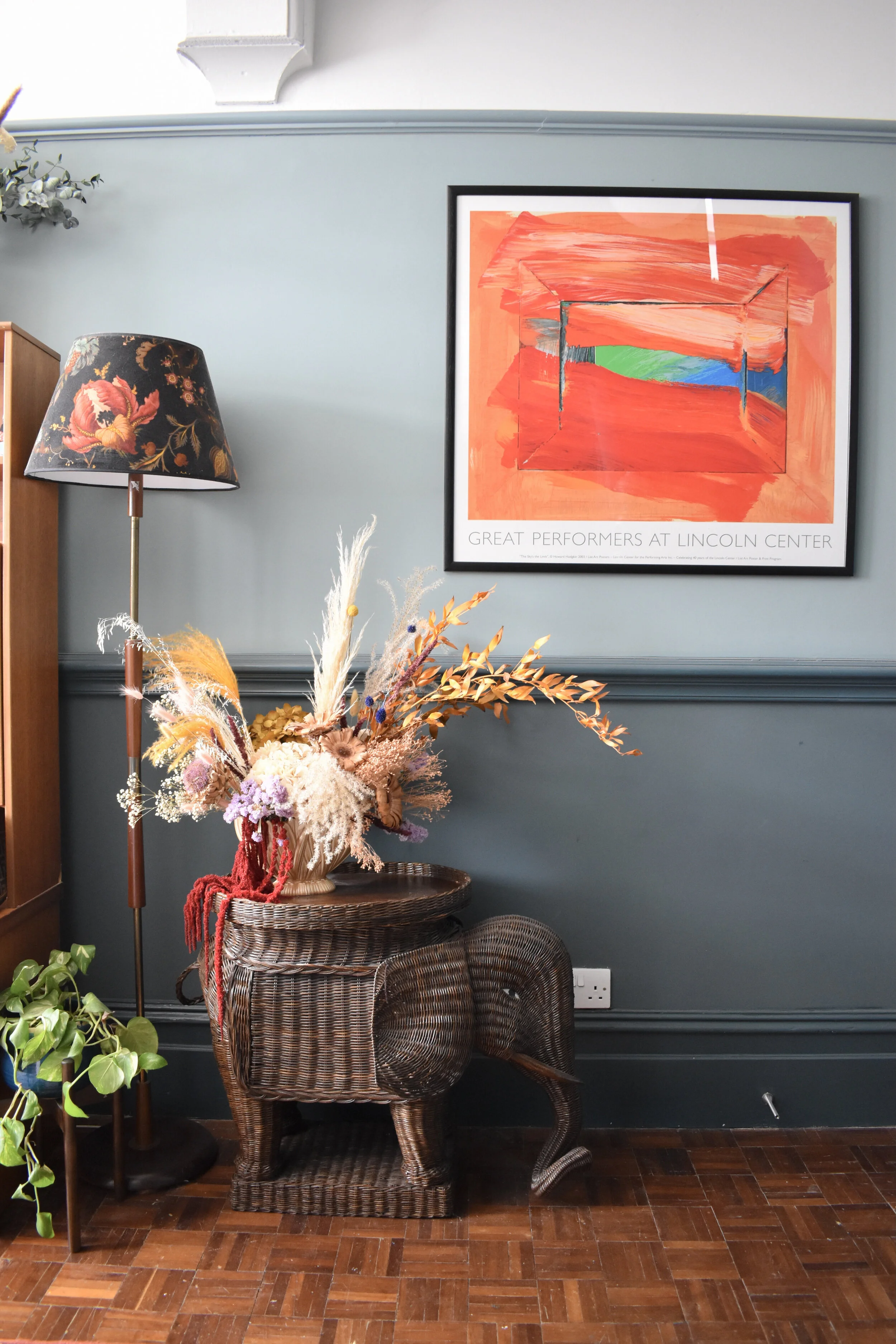 The wicker elephant is from nearby Vantage Living. The walls are a mix of Hague Blue and De Nimes by Farrow & Ball