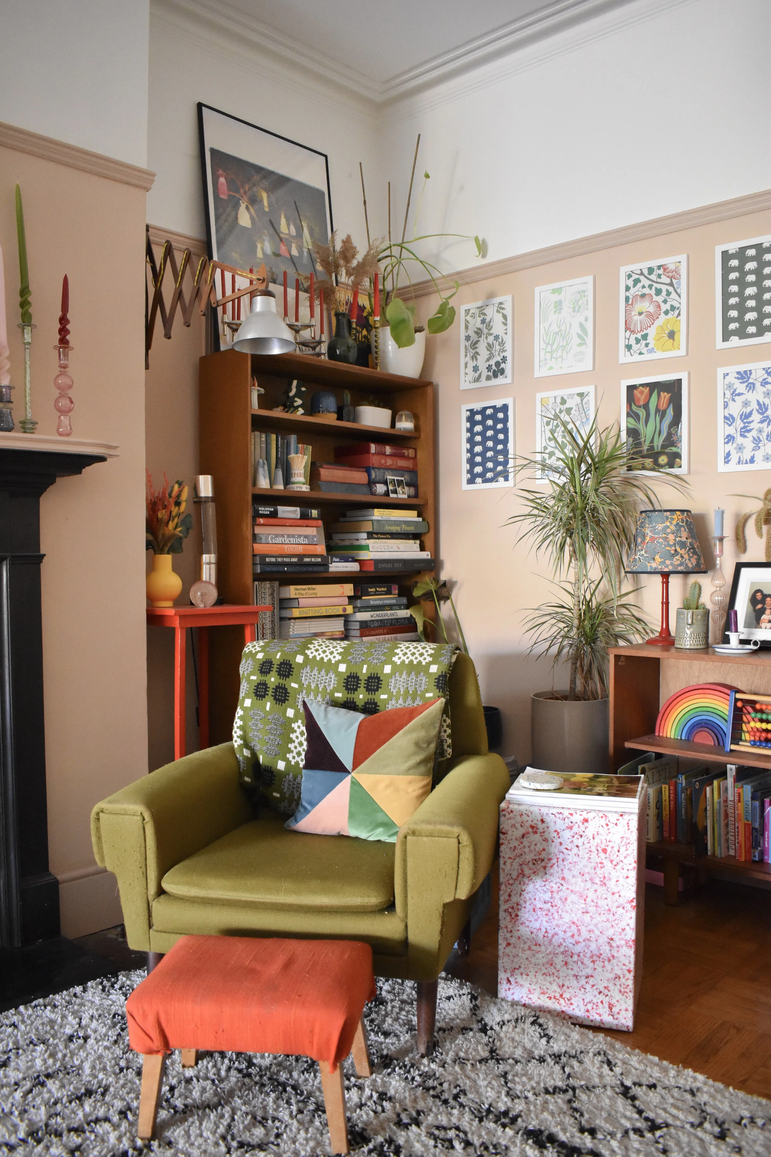 The sitting room is painted in Setting Plaster by Farrow & Ball