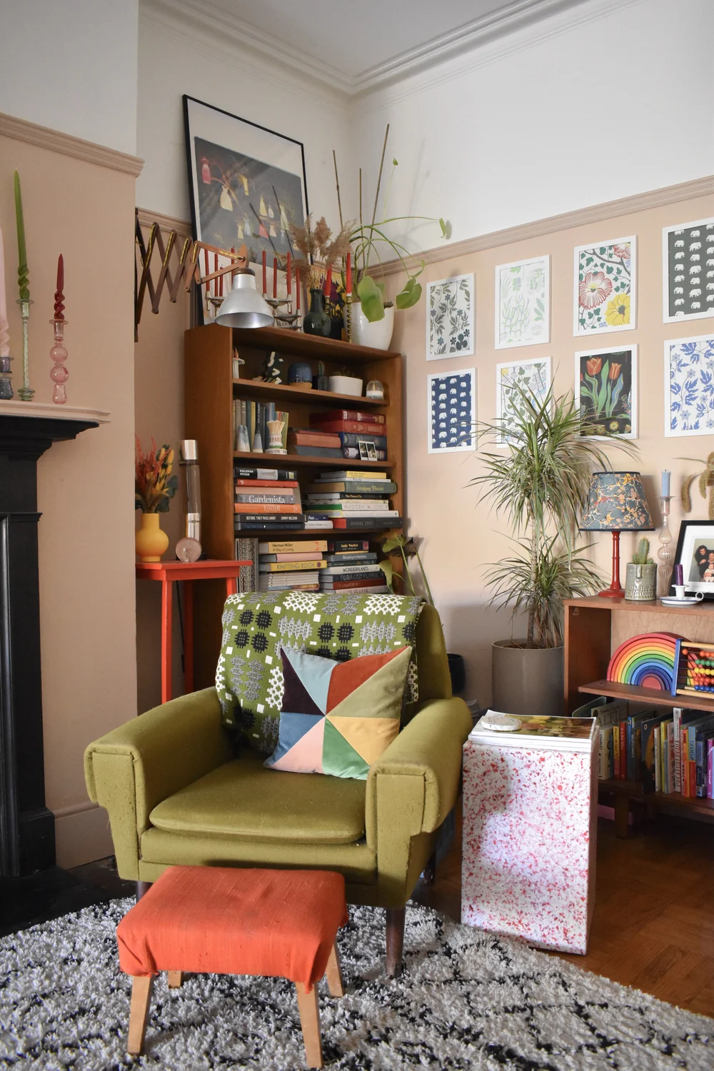 The sitting room is painted in Setting Plaster by Farrow &amp; Ball