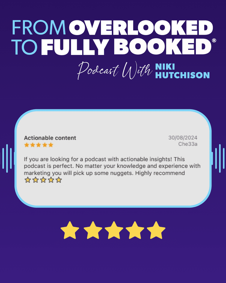 Five-star listener review of the From Overlooked to Fully Booked podcast