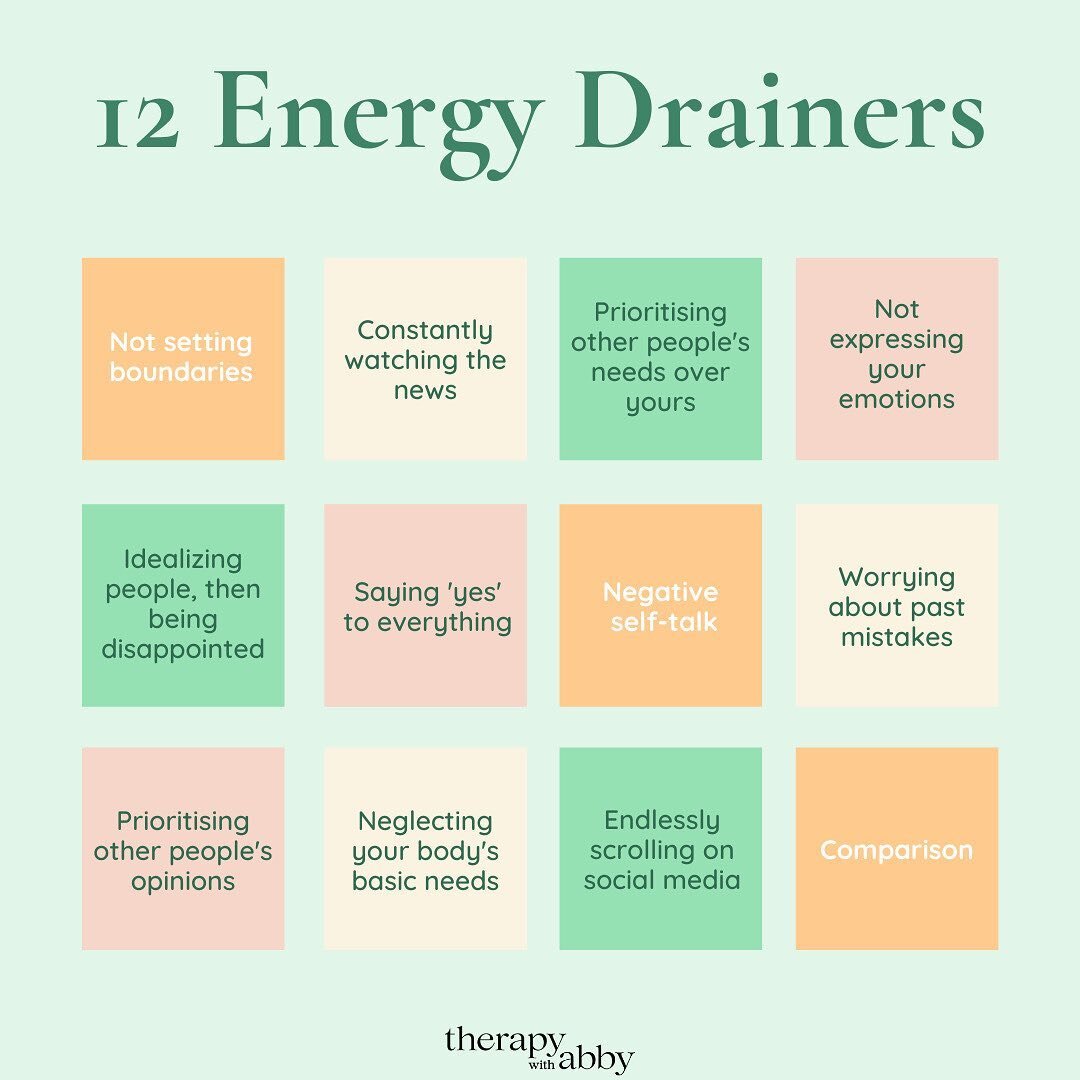 Which of these energy drainers has been slowing you down?
⠀⠀⠀⠀⠀⠀⠀⠀⠀
⠀⠀⠀⠀⠀⠀⠀⠀⠀
⠀⠀⠀⠀⠀⠀⠀⠀⠀
⠀⠀⠀⠀⠀⠀⠀⠀⠀
#energydrainers #selfcare #selfregulation #feelyourfeelings #expressyourself #feeltoheal #feelingishealing #energyvampires #boundaries #healthyboundarie