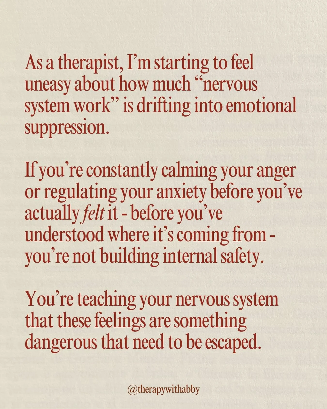 When &ldquo;regulation&rdquo; becomes code for quieting, dampening, or getting rid of what we feel&hellip; it can start to look a lot like a more socially acceptable version of avoidance.

And then we&rsquo;re not really working with the nervous syst