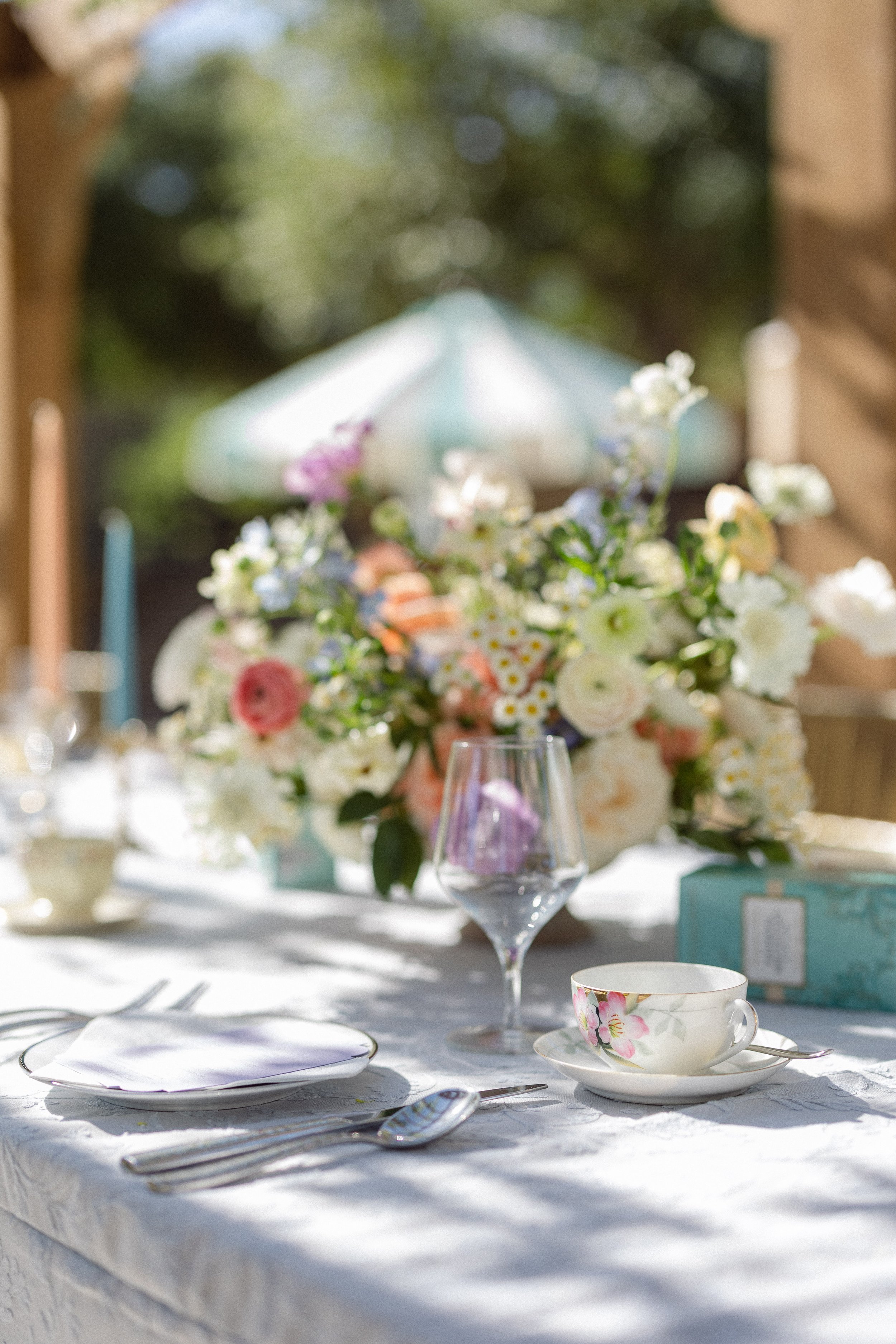 British Tea Themed Wedding Welcome Party Flowers