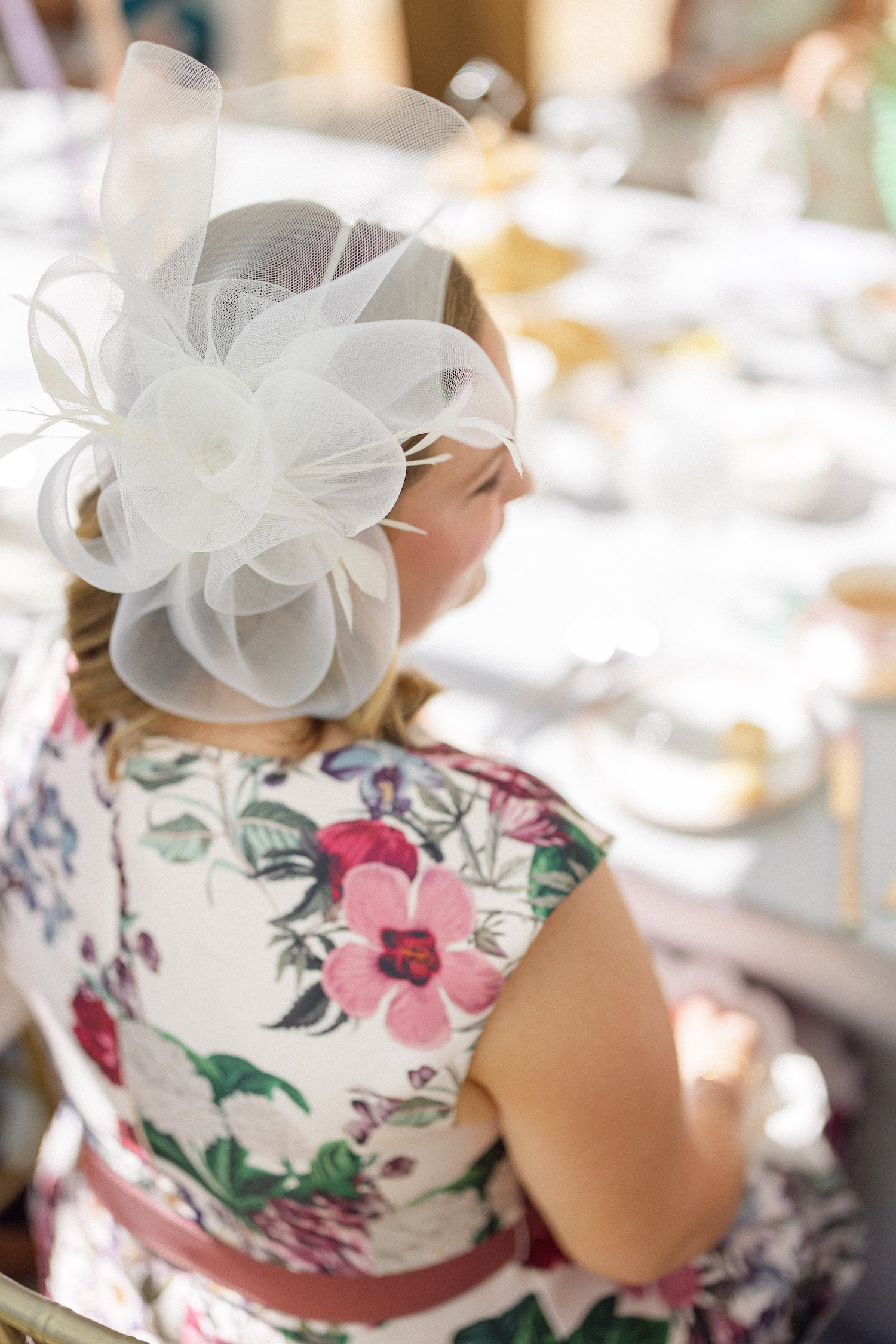 Bride's hat at British Tea Themed Wedding Welcome Party