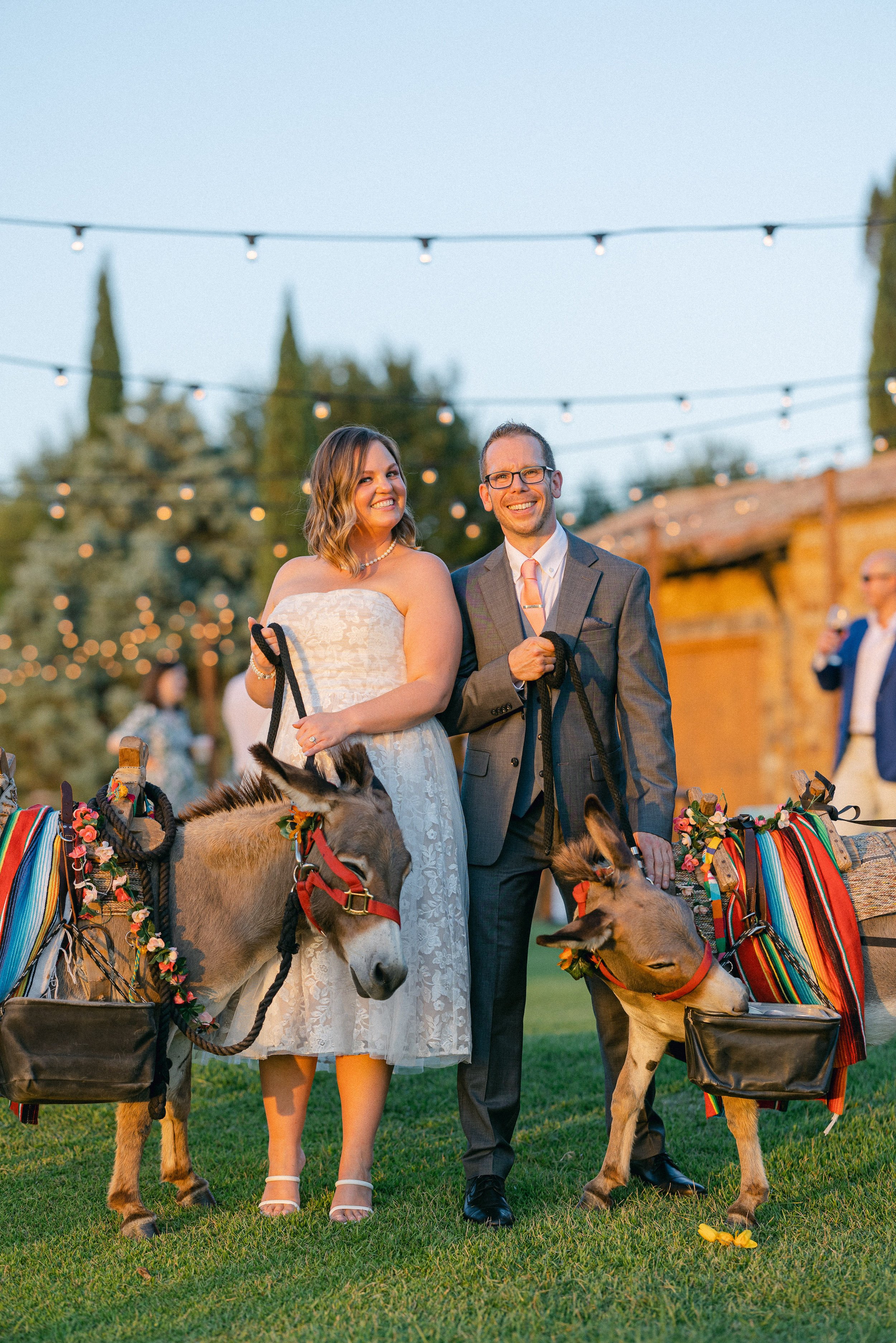 Texas Hill Country Wedding Rehearsal Dinner Bride and Groom With Donkeys