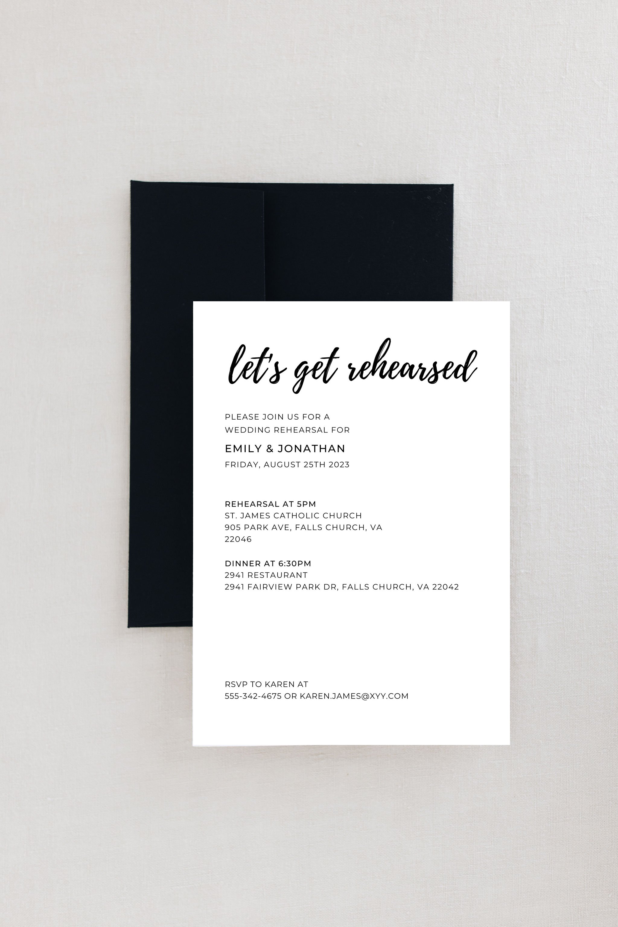 Modern black & white wedding rehearsal dinner invitation digital download to print at home from Let’s Get Rehearsed