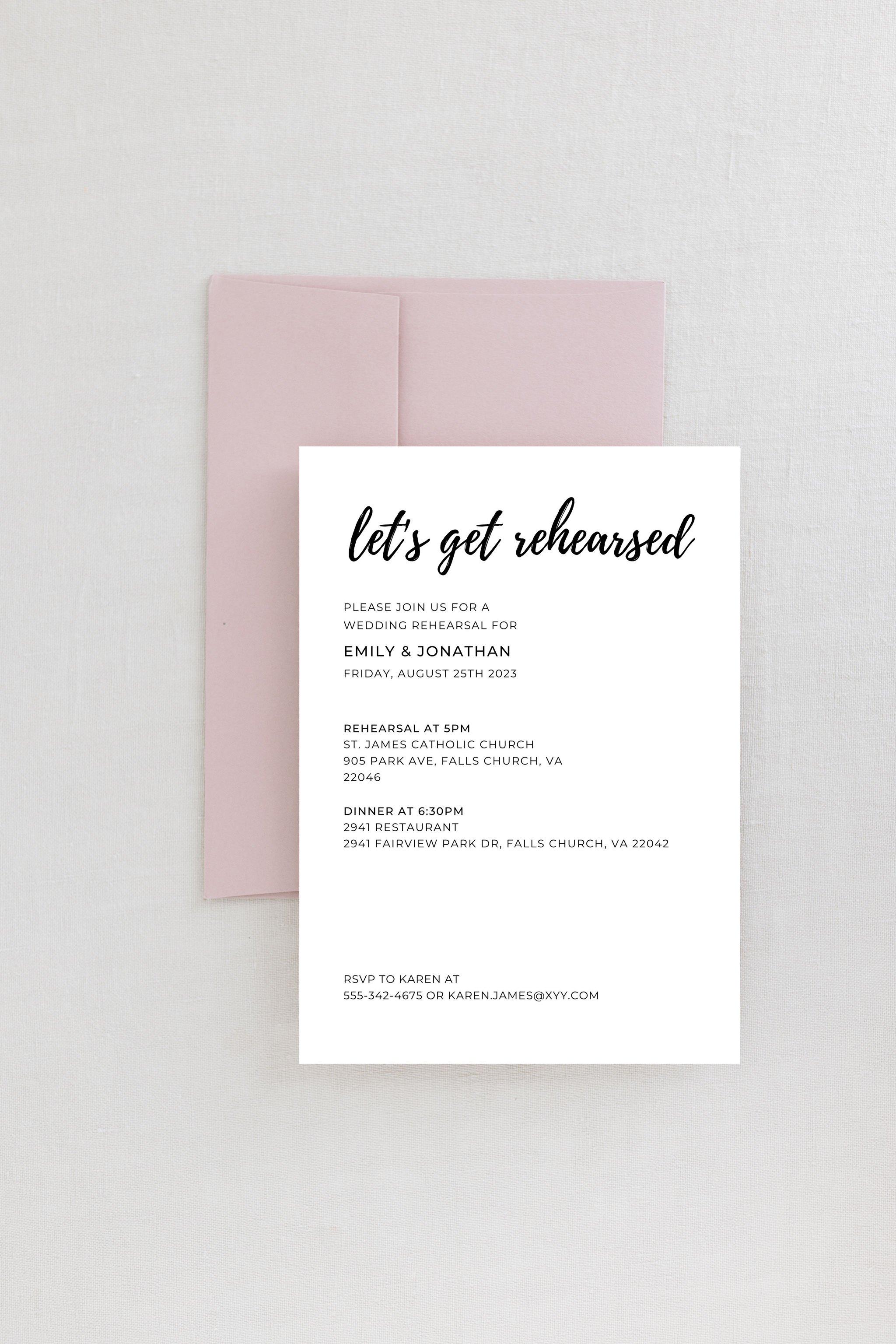 Simple customizable wedding rehearsal dinner invitation digital download to print at home from Let’s Get Rehearsed