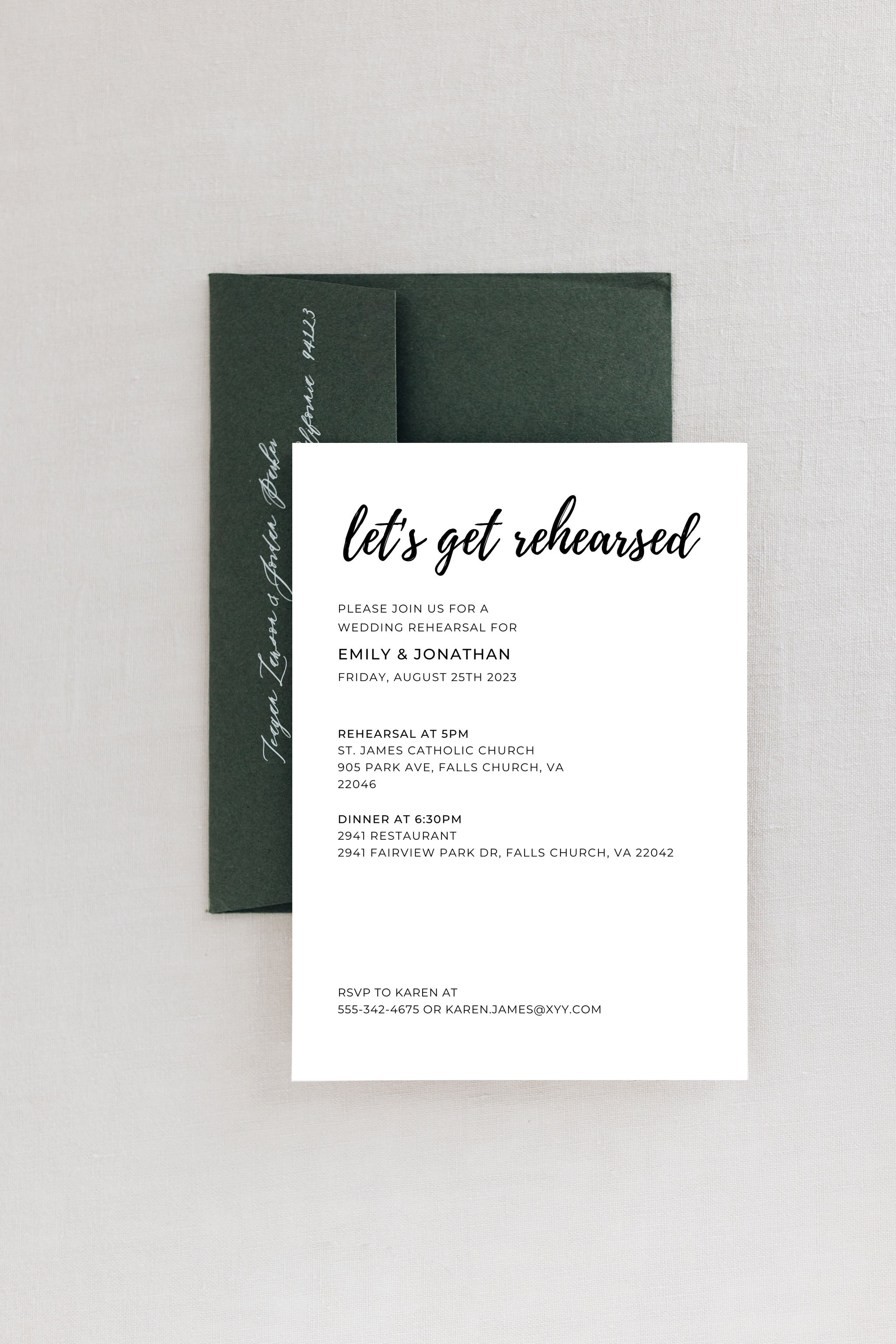 Easy personalized wedding rehearsal dinner invitation digital download to print at home from Let’s Get Rehearsed