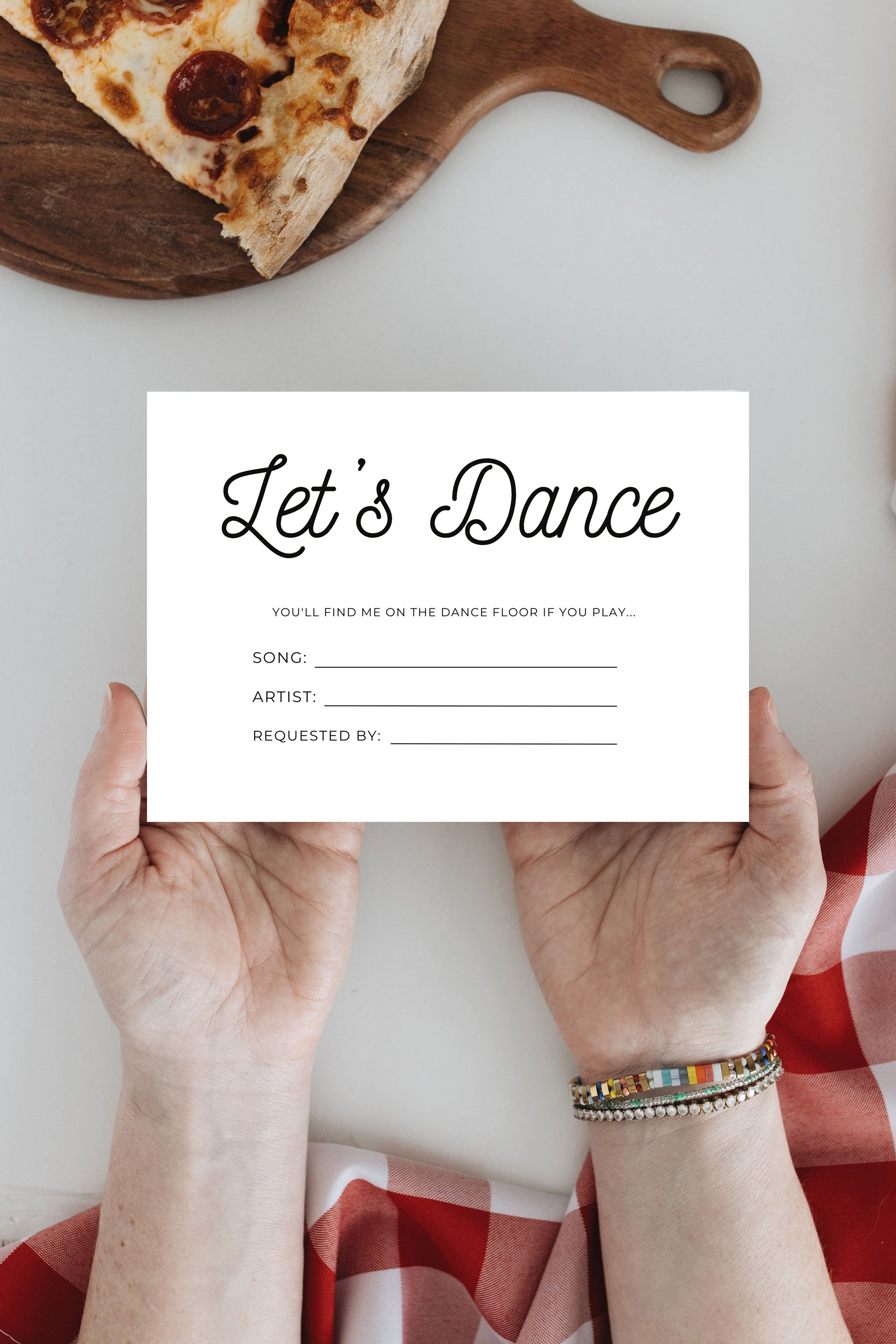 Song request card for DJ at wedding rehearsal dinner; casual pizza themed wedding rehearsal dinner customizable digital download printable for Let's Get Rehearsed