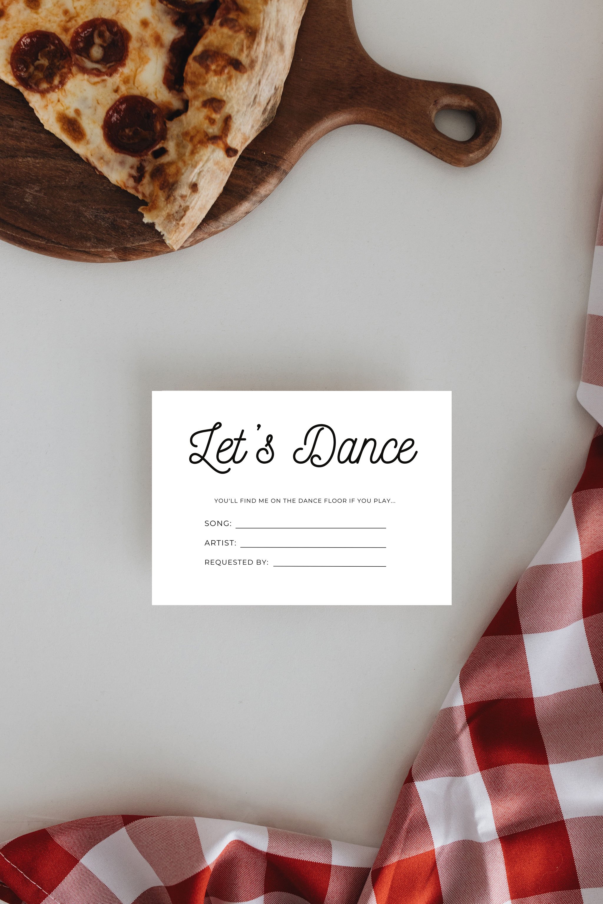 Fun wedding rehearsal dinner song request card; casual pizza themed wedding rehearsal dinner customizable digital download printable for Let's Get Rehearsed