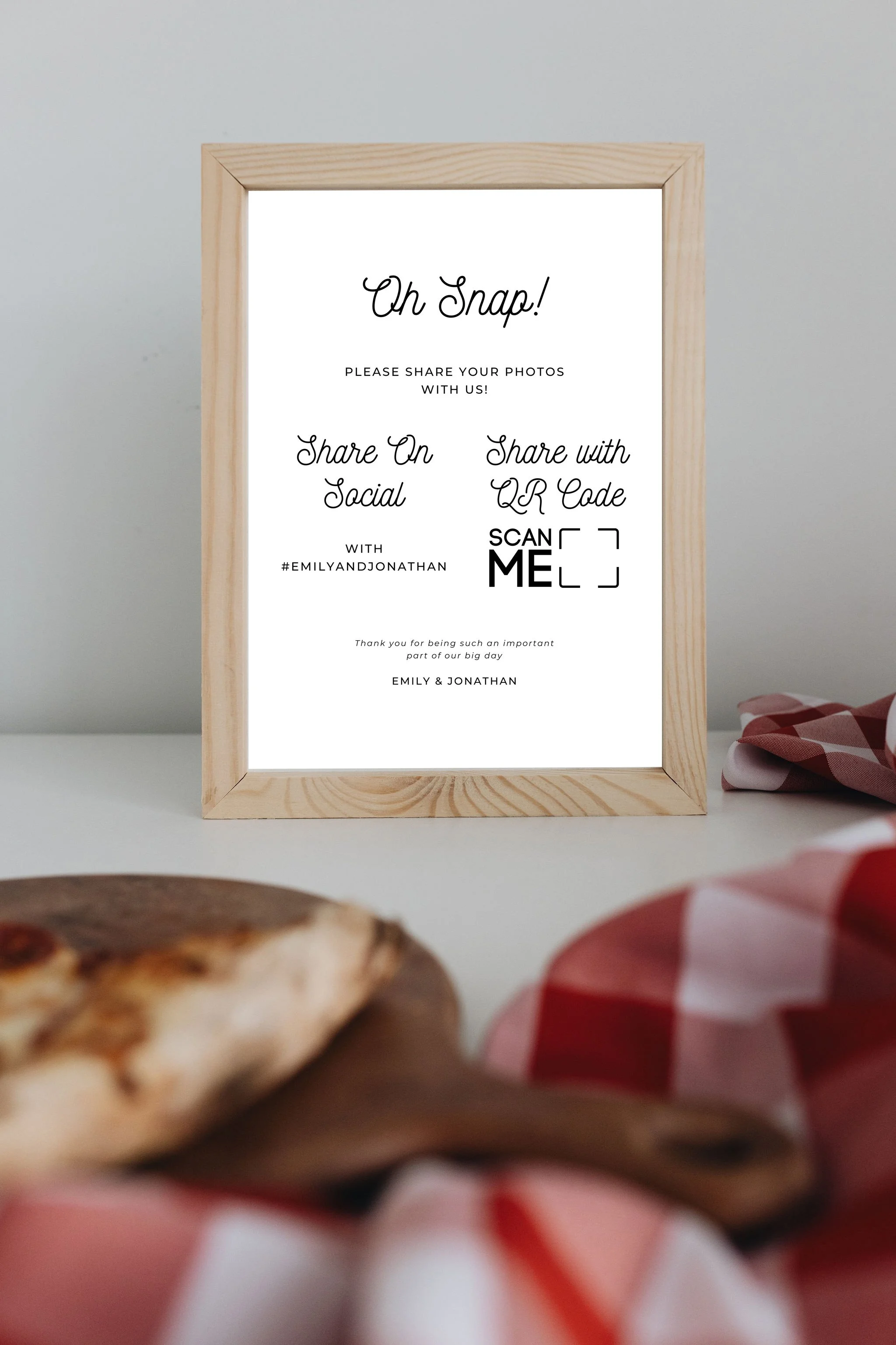 "Oh Snap!" photo sharing QR code sign; casual pizza themed wedding rehearsal dinner customizable digital download printable for Let's Get Rehearsed