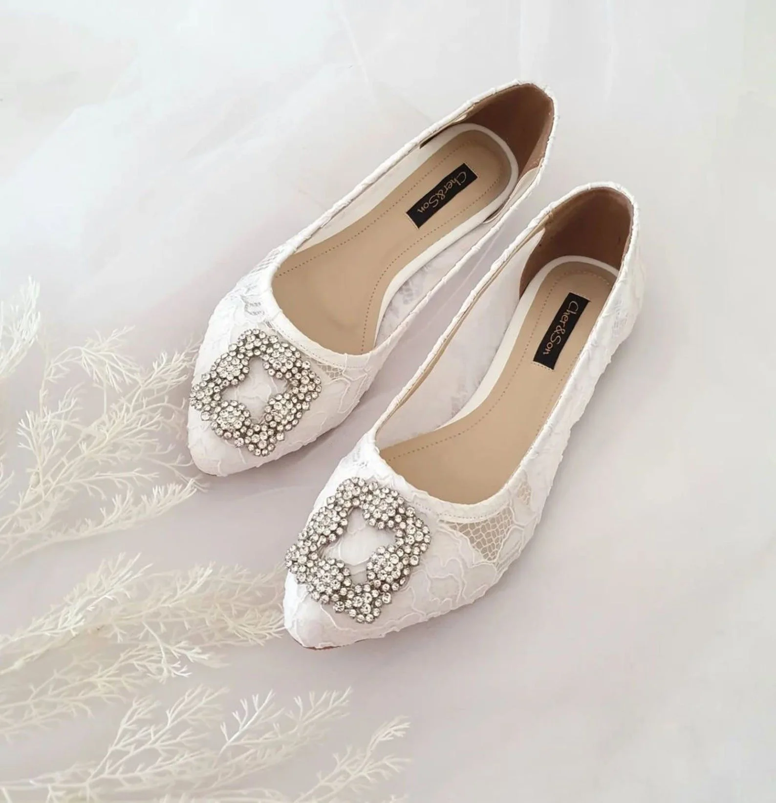 white lace and rhinestone elegant flats