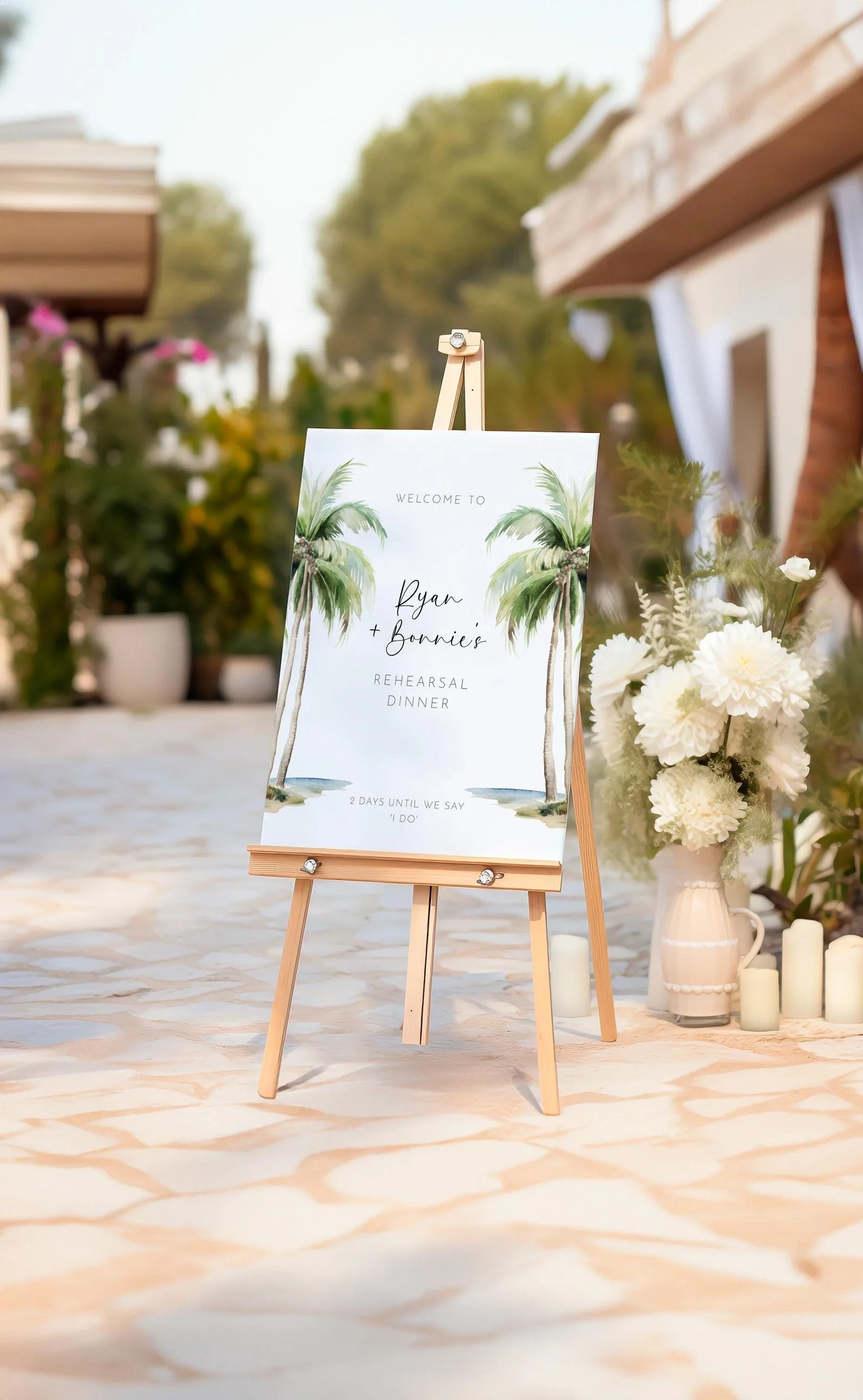 tropical leaf rehearsal dinner welcome sign