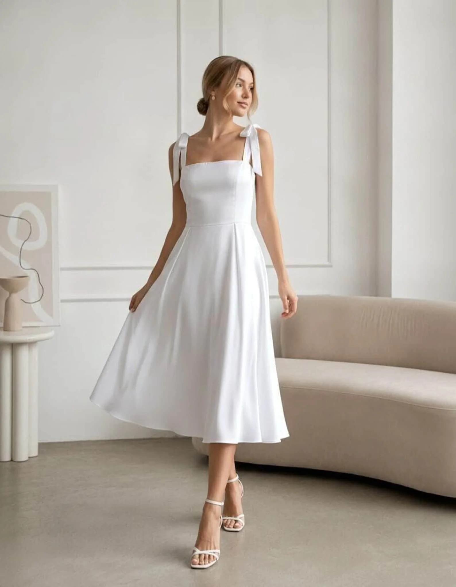 white bow strap midi dress