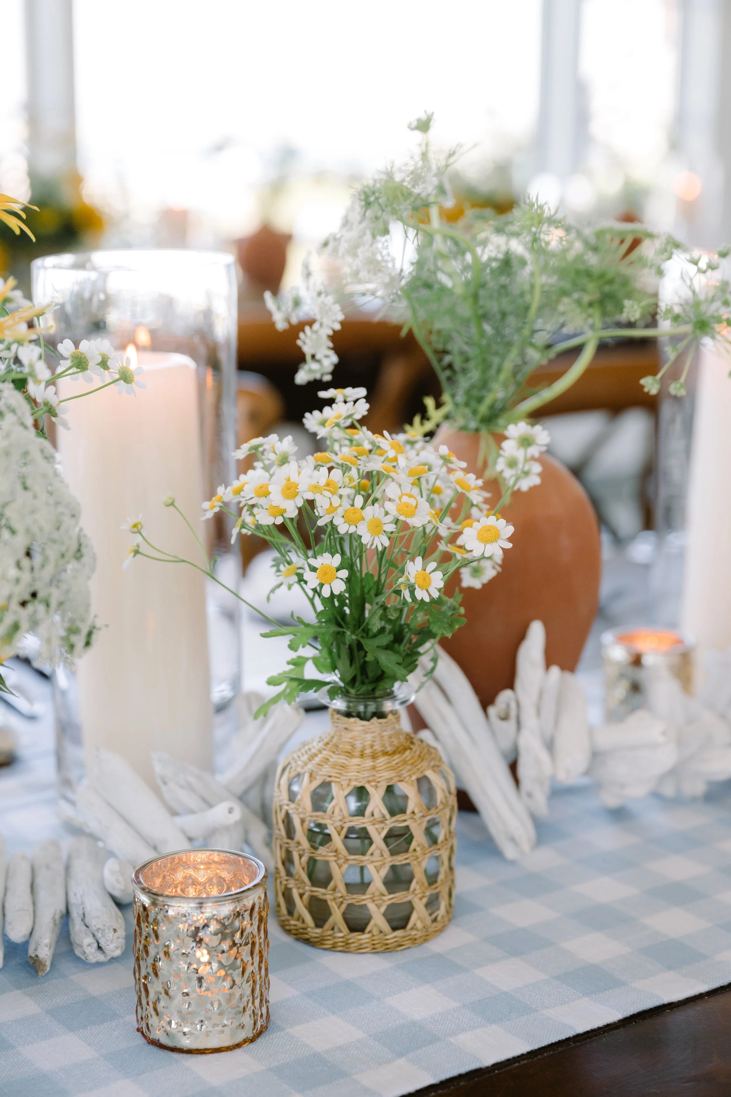 Elegant coastal wedding rehearsal dinner table setting