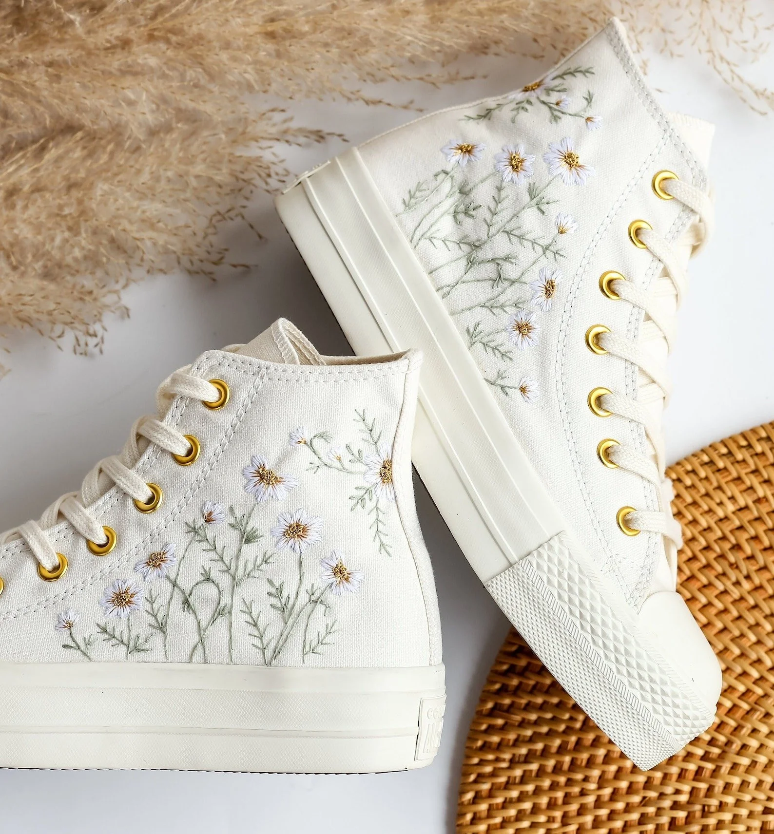floral embroidered white high top sneakers