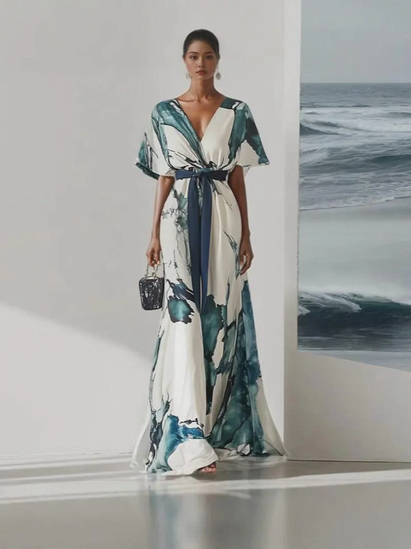 blue and white modern maxi dress