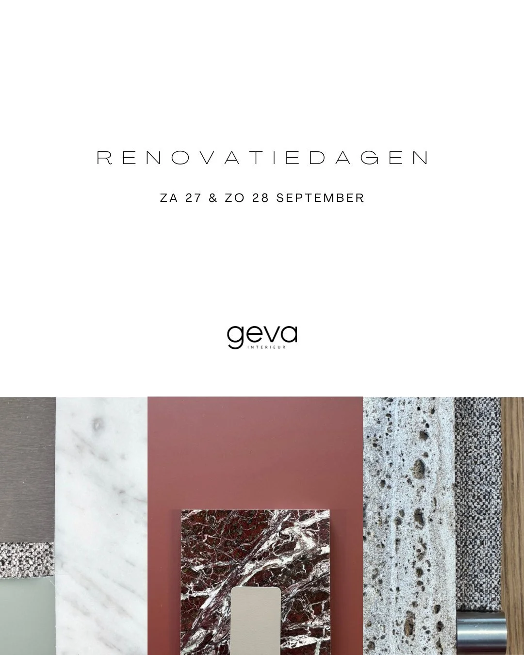 RENOVATIEDAGEN || 27 &amp; 28 SEPTEMBER

Bezoek ons op zaterdag 27 en zondag 28 september, bespreek je project met onze experts en laat je inspireren door de allerlaatste interieurtrends in onze vernieuwde showroom.

📍Zaterdag 27 &amp; zondag 28 sep