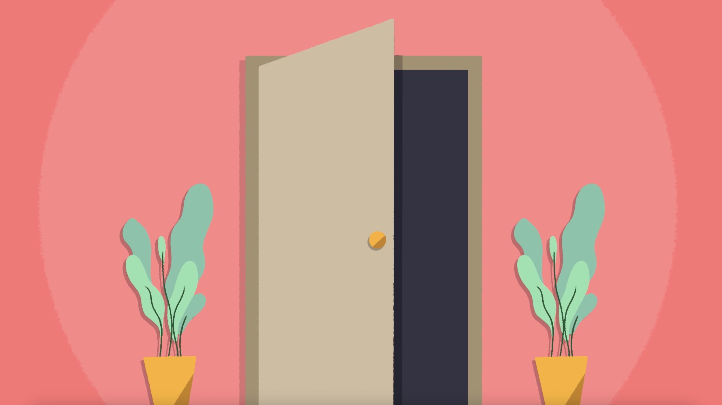 Door on a coral background is ajar, representing UNLRN Leadership Development - Leadership Communication Training Programme - Embed and Look Ahead