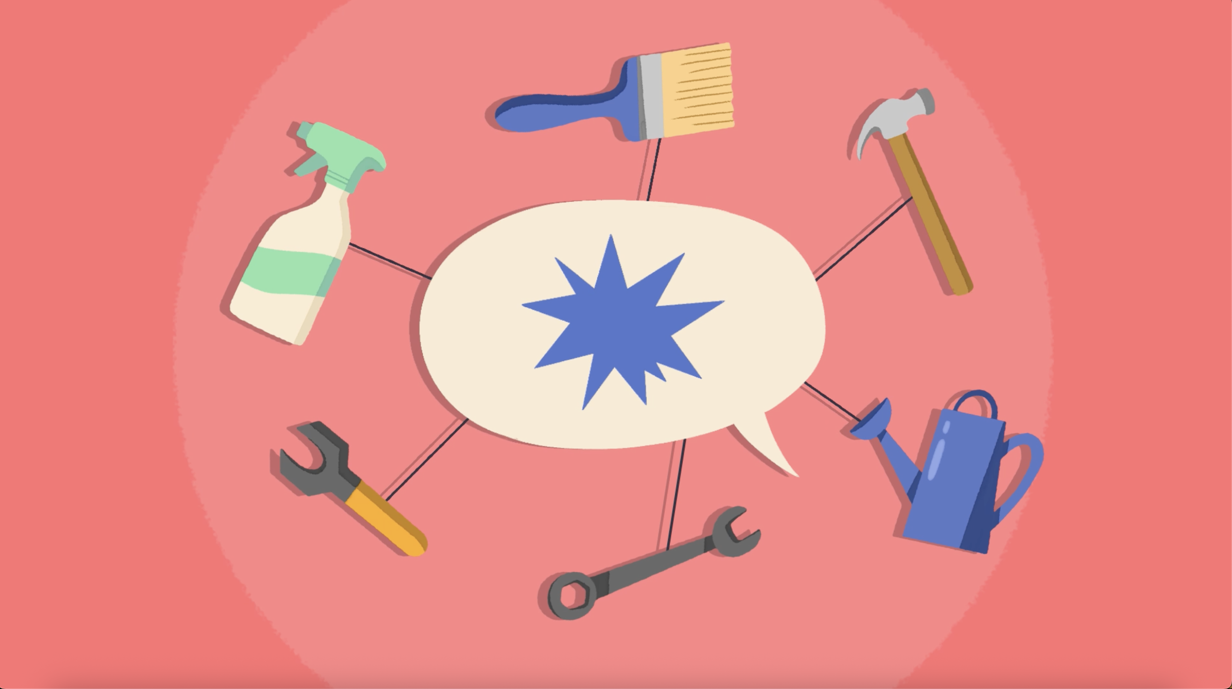 Speech bubble with angular shape, surrounded by various tools, representing UNLRN Leadership Development - Leadership Communication Training Programme - Strategic Leadership Communication