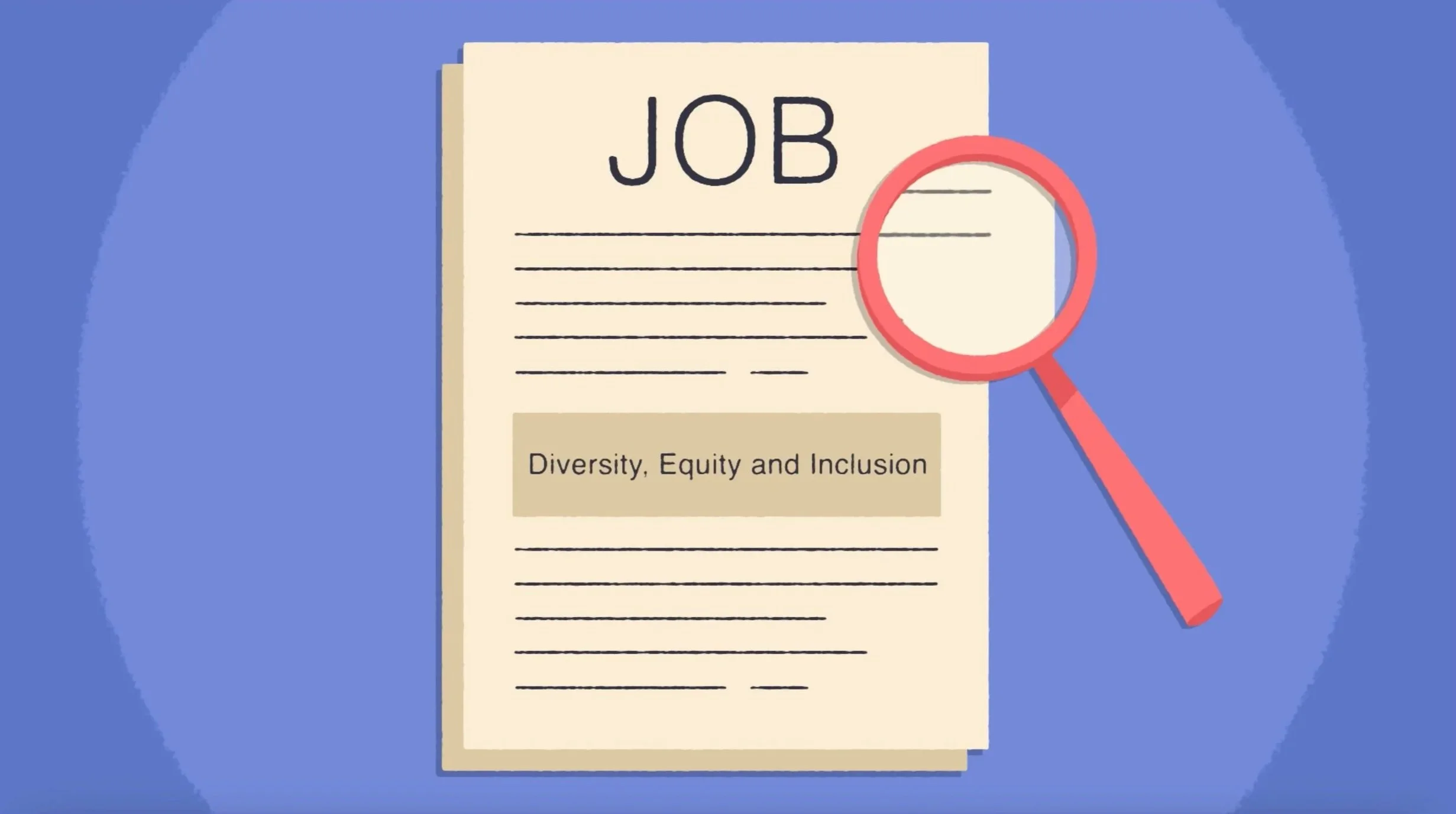 Job description with a magnifying glass and highlighted diversity, equity and inclusion section, representing UNLRN Leadership Development - Leadership Communication Training Programme - Hiring and Interviewing Skills