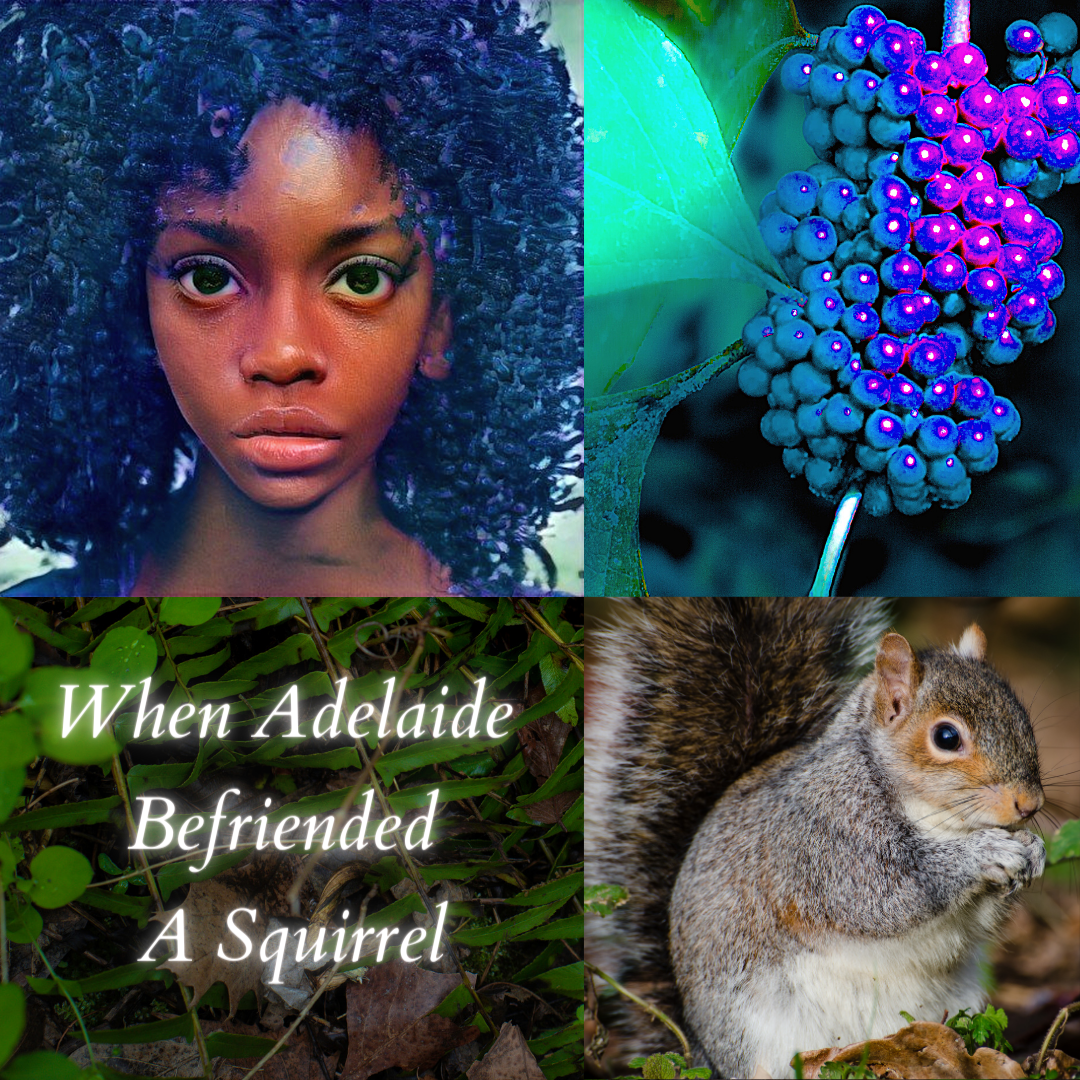 Clockwise: A young wide-eyed girl, Adelaide; deep purple berries; a squirrel standing upright; title against the backdrop of the forest floor