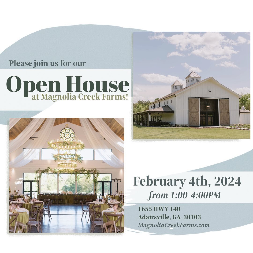 Mark your calendars! Join us at Magnolia Creek Farms for our annual Open House on Sunday, Feb 4th from 1-4pm. See our stunning venue and meet some amazing vendors to start planning for your big day! 
.
Stay tuned for the full vendor list that will be