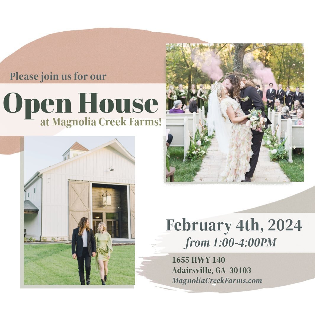 Join us this Sunday February 4th from 1-4 PM at Magnolia Creek Farms and discover your dream venue. 

Visit multiple ceremony locations, rehearsal dinner options, and see our on-site accommodations at The Farmhouse! 

Meet some amazing vendors that w